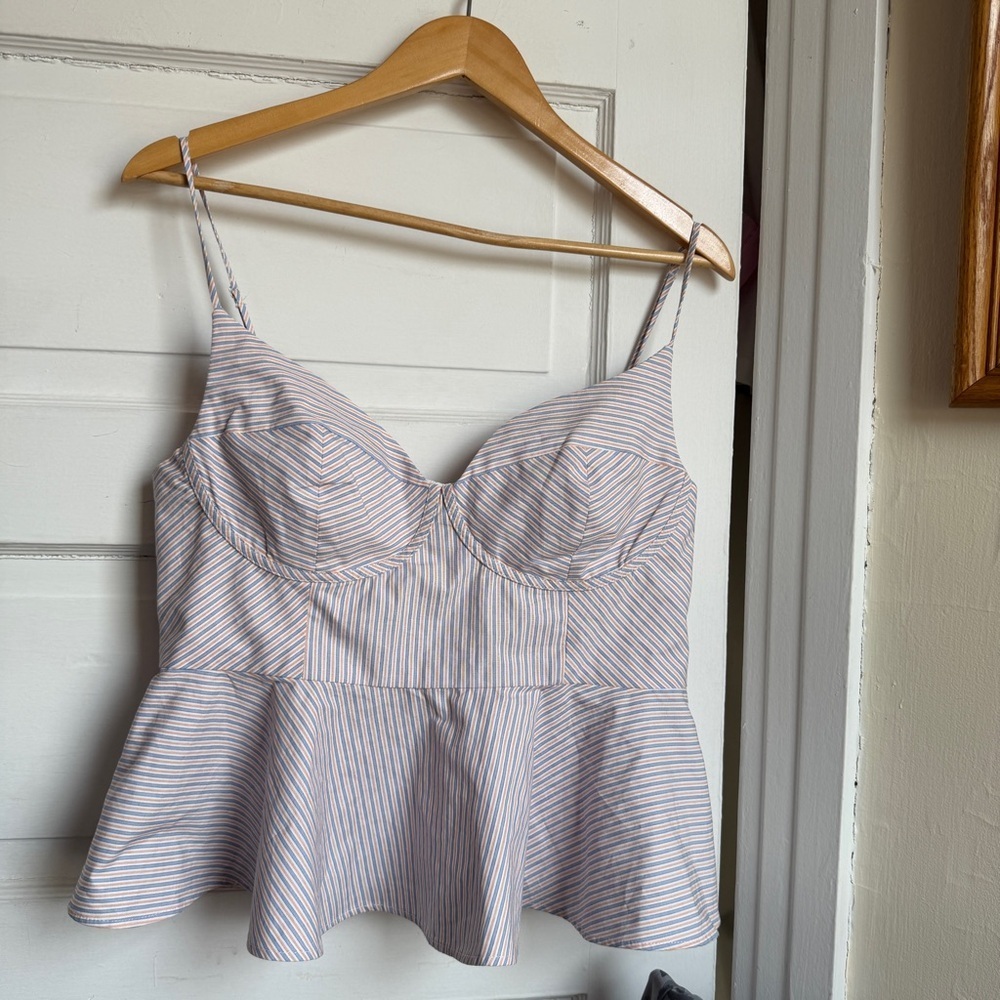 Zara Blue Navy White Burnt Red Peplum Cami Women’s Striped Top NWT XL 2924/182 - Picture 8 of 13